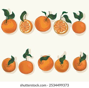 Set of red oranges with leaves differnet shape realistic details illustration isolated on white background