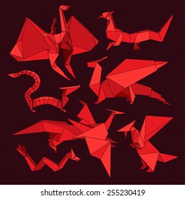 Set of red origami dragons.