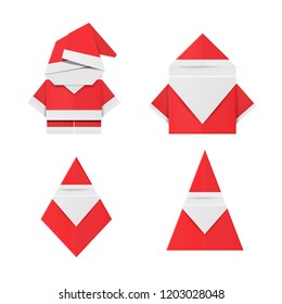 Set of red origami Santa Claus. Paper Christmas decoration toys.