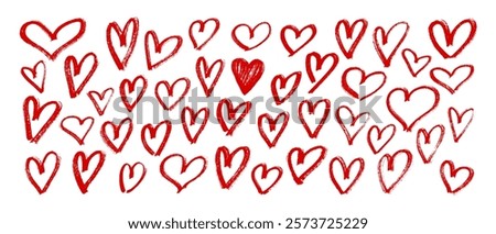 Set of red outline hearts, hand drawn with brush, marker in sweeping handwriting with sloppy intermittent edges in grunge style. Vector pattern on white isolated background.