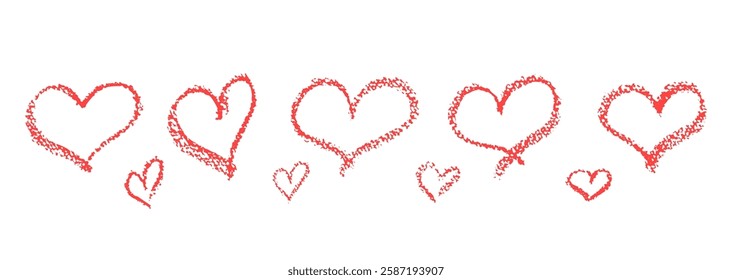 Set of red outline hearts signs drawn by wax pencil. Love symbols in doodle style. Collection of hand drawn kid elements for valentine card or rock, hip hop music poster design. Vector illustration.