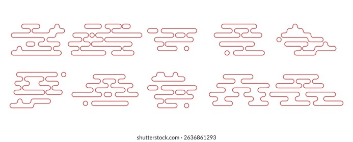 Set of red outline Japanese cloud motifs. Traditional Asian style patterns. Minimalist oriental decorative elements isolated on white background. Vector illustration