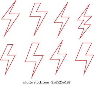 set of red outline lightning bolt icon, lightning strike symbol vector illustration.