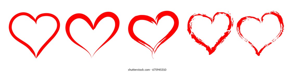 Set of red outlined vector hearts silhouette. Vintage style design for romantic love illustrations.