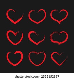 Un conjunto de contornos rojos de corazones sobre un fondo negro. El concepto de San Valentín. Ilustración vectorial.