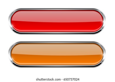 Set of red oval glass buttons with metal frame. Vector 3d illustration isolated on white background.