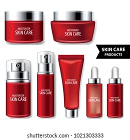 Set red packages for face and body cosmetic. lotion, serum, oil, tube, shampoo, cream bottles vector illustration