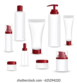 Set red packages for face and body cosmetic. lotion, serum, oil, tube, shampoo, cream bottles vector illustration