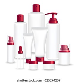 Set red packages for face and body cosmetic. lotion, serum, oil, tube, shampoo, cream bottles vector illustration
