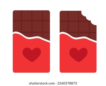 Set of red packaging whole and bitten chocolate bars with heart. Sweet Valentine day. Vector flat illustration.