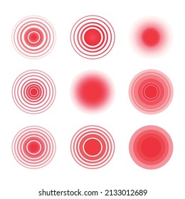 Set of red pain circle isolated of white background.Red vector symbol and of localizated pain place.Pain medical red circles.Symbols for medical design.Vector illustration