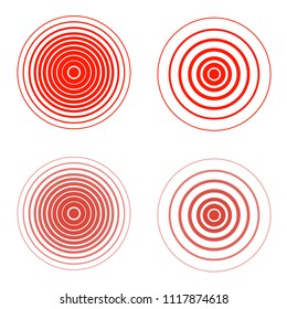 Set of red pain rings. Symbol of growing physical pain, suffering and body disorder, distress, injury, illness. Vector flat style cartoon illustration isolated on white background