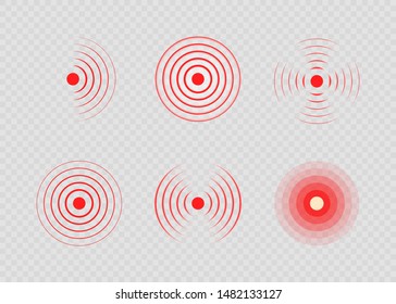 Set of red painful target spot. Pain circles. Sonar waves. Red rings of pain to indicate localization of ache. Vector illustration