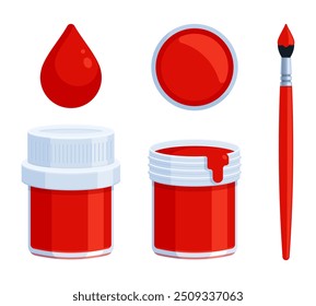 Conjunto de botella de pintura roja con pincel y gota de pintura. Ilustración vectorial plana aislada sobre fondo blanco. Conceptos de pintura de témpera, gouache, acrílico y acuarela. Perfecto para proyectos creativos