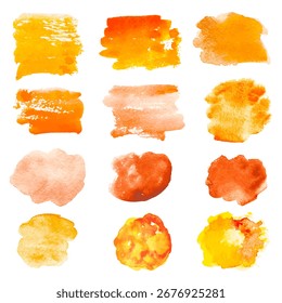Conjunto de trazos de pincel de pintura roja, dibujado a mano. Vector de colección abstracto amarillo líneas naranjas y manchas sobre fondo aislado blanco