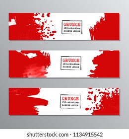 Set of red paint, ink brush strokes, brushes. Dirty artistic grunge design elements, place for text or information. Vector illustration.