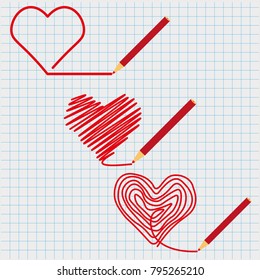 A set of red painted hearts penciled on a piece of paper in a box. For web design