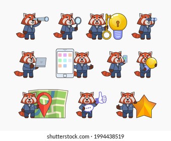 Conjunto de personajes rojos panda en traje de negocios en varias situaciones. El panda rojo lindo contiene vidrio espía, lupa, bombilla de ideas, charla por teléfono y otras acciones. Conjunto de ilustraciones de vectores