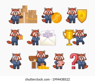 Set of red panda characters in business suit in various situations. Cute red panda mascot near parcel boxes, big coin, shield, treasure chest and other actions. Vector illustration bundle