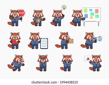 Set of red panda characters in business suit in various situations. Cute red panda holds stop sign, parcel box, loudspeaker, reads book, run and other actions. Vector illustration bundle