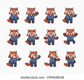 Set of red panda characters in business suit showing various hand gestures. Cute red panda pointing, greeting, celebrating, showing stop hand and other gestures. Vector illustration bundle