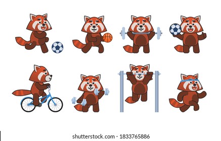 Set of red panda characters doing various sports. Cute red panda mascot playing football, basketball, riding bike, running and showing other actions. Vector illustration bundle