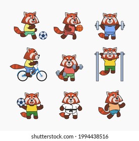 Set of red panda characters doing various sports. Cute red panda playing football, basketball, riding bike, running and showing other actions. Vector illustration bundle