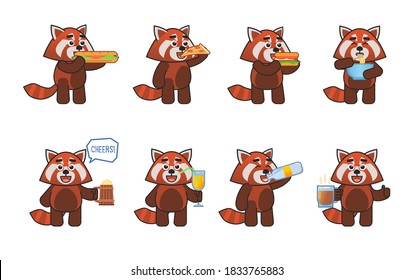 Set of red panda characters eating fast food and drinking various drinks. Cute red panda mascot holding hamburger, pizza, cup of noodles, beer mug, glass of juice. Vector illustration bundle