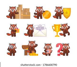 Set of red panda characters in various situations. Cute red panda mascot standing near parcel boxes, big coin, shield, treasure chest and showing other actions. Vector illustration bundle