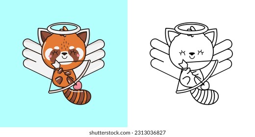 Establezca la página de color del Panda rojo y la ilustración de color. Oso Kawaii de Clip Art. Ilustración vectorial de un animal kawaii para páginas coloreadas, impresiones para ropa, pegatinas, ducha para bebés.
