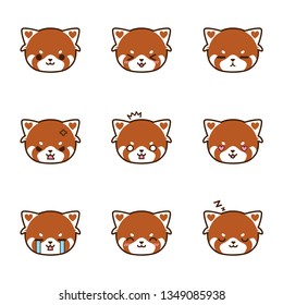 Set of Red panda emoticons with different expressions. Emoji faces. Simple cartoon vector illustration