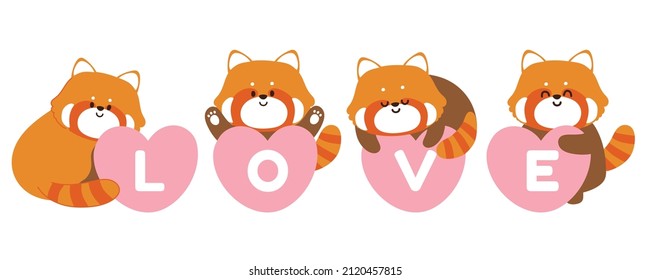 Conjunto de pandas rojos con texto de amor en el corazón rosado sobre fondo blanco. Día de San Valentín. Romance.Sweet.Hug.Animal colección de diseño de caracteres. Japonés.Kawaii.Isolated.Vector.Ilustración.