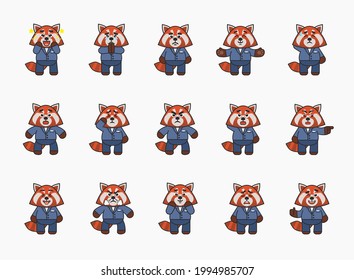 Set of red panda mascots in business suit showing various emotions. Cute red panda amazed, surprised, angry, suspicious, laughing, in rage and other expressions. Vector illustration bundle