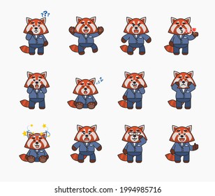 Set of red panda mascots in business suit showing various emotions. Cute red panda thinking, celebrating, dazed, sleeping, crying and showing other expressions. Vector illustration bundle