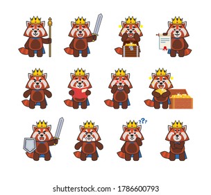 Set of red panda mascots in king outfit showing various actions. Cute red panda holding scepter, sword, shield, scroll, treasure, thinking, angry and showing other actions. Vector illustration set