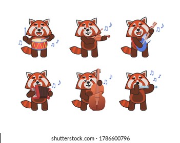 Set of red panda mascots playing on various musical instruments. Cute red panda playing on drum, violin, guitar, accordion, double bass, flute. Vector illustration bundle