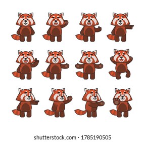 Set of red panda mascots showing various hand gestures. Cute red panda pointing, greeting, celebrating, showing stop hand and other gestures. Vector illustration bundle