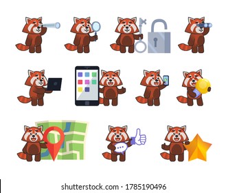 Set of red panda mascots in various situations. Cute red panda holding spyglass, magnifier, idea bulb, talking on phone and showing other actions. Vector illustration bundle