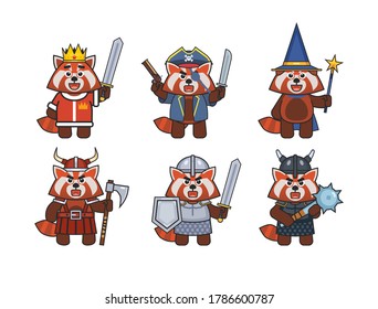 Set of red panda mascots in various medieval fantasy outfits. Red panda king, pirate, wizard, barbarian, viking, knight. Vector illustration bundle