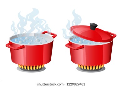 Set red pans with boiling water, opened and closed pan lid on gas stove, fire and steam, vector illustration