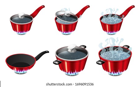 Set of red pans with boiling water, opened and closed pan lid on gas stove, fire and steam, vector illustration