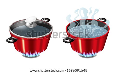 Set of red pans with boiling water, opened and closed pan lid on gas stove, fire and steam, vector illustration