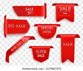 A set of red paper advertising banners. Collection of vector price tags. Order corner bookmark icons, tags, flags and curved red silk ribbons right now