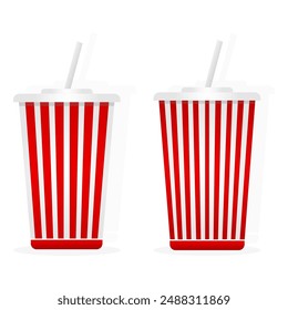 A set of red paper cups for water with straws. Vector illustration