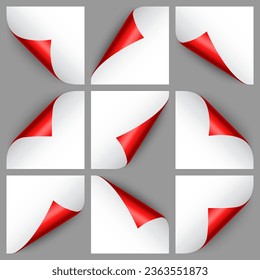 Set of red paper curls. Curled page corner with shadow. Blank sheet of paper. Colorful shiny foil. Design element for advertising and promotion. Vector illustration.