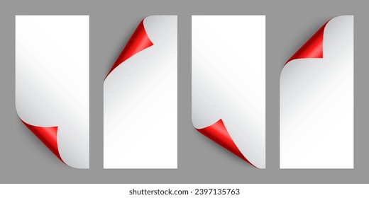 Set of red paper curls. Curled page corner with shadow. Blank sheet of paper. Colorful shiny foil. Design element for advertising and promotion. Vector illustration.