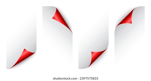 Satz von roten Papierbögen. Kuratierte Seitenecke mit Schatten. Leeres Blatt Papier. Farbige glänzende Folie. Design-Element für Werbung und Werbung. Vektorgrafik.