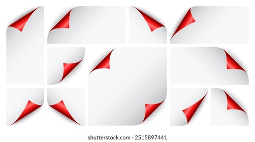 Set of red paper curls. Curled page corner with shadow. Blank sheet of paper. Colorful shiny foil. Design element for advertising and promotion. Vector illustration.