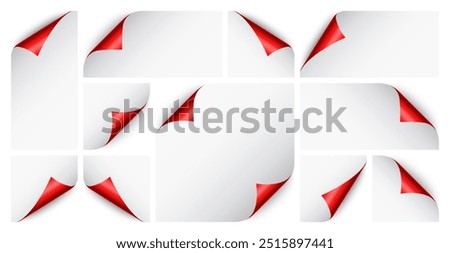 Set of red paper curls. Curled page corner with shadow. Blank sheet of paper. Colorful shiny foil. Design element for advertising and promotion. Vector illustration.