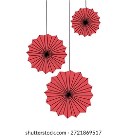 Um conjunto de ventiladores de papel vermelho com um contorno plano, suspensos em uma corda. Uma coleção de itens decorativos de férias plissados para cartões de felicitações festivas, projetos DIY ou materiais de design gráfico sazonal.